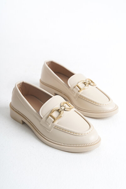 LexasUs Kadın Loafer Altın Rengi Yuvarlak Tokalı Krem İnce Topuklu Hafif Şık Günlük Ayakkabı