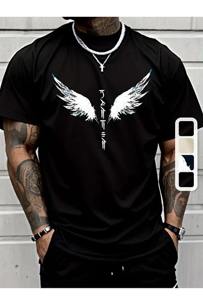 MODARİCH Angel Wings T-Shirt - Black Printed Oversize Crew Neck Short Sleeve Loose