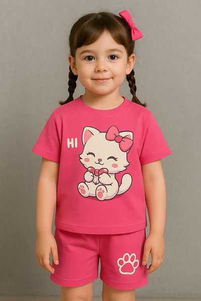MİLANO KİDS Summer Girl's Teddy Bear Printed Top and Bottom Set