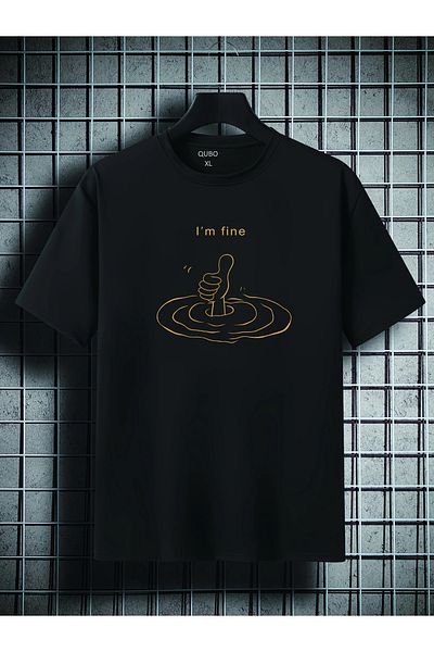 MODARİCH I'M Fine T-Shirt - Black Printed Oversize Crew Neck Short Sleeve Loose