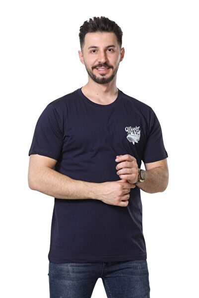 MODA تي شيرت رجالي باللون الأزرق الداكن مطبوع عليه جبل الحوت والحد الأدنى