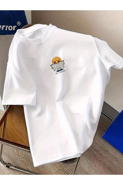 MODARİCH Newspaper Graphic T-Shirt - White Printed Oversize Crew Neck Short Sleeve Loose