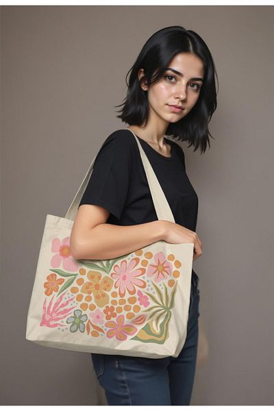 Mrey Floral Printed Canvas Tote Bag, Floral, Gusseted, Tote Bag, Suitable for Daily and Beach Use