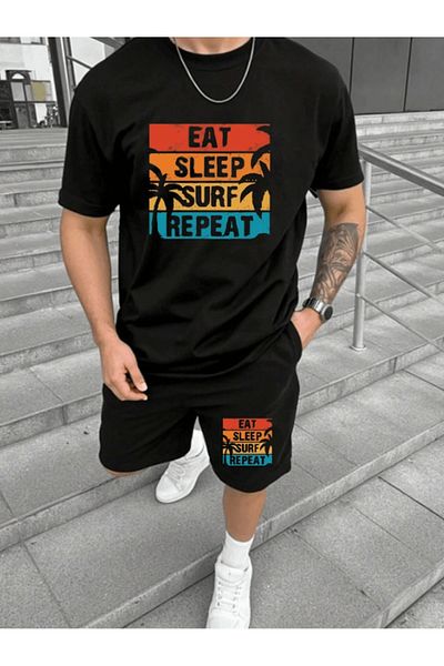 MODARİCH تي شيرت Eat Surf شورت من القطن الممشط - شورت أسود تي شيرت مطبوع عليه فريق رقبة دائرية كبيرة الحجم