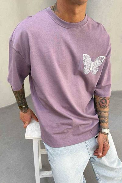 MADZEYMODA Ανδρικό μπλουζάκι Oversize Fit 100% βαμβακερό με λαιμόκοψη με πεταλούδα με στάμπα δαμάσκηνο Mz3007