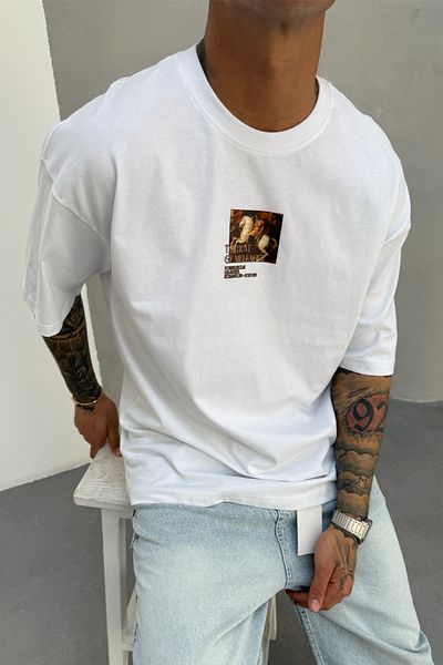 MADZEYMODA Ανδρικό μπλουζάκι Oversize Fit 100% Cotton Crew με στάμπα λευκό T-shirt Mz3021