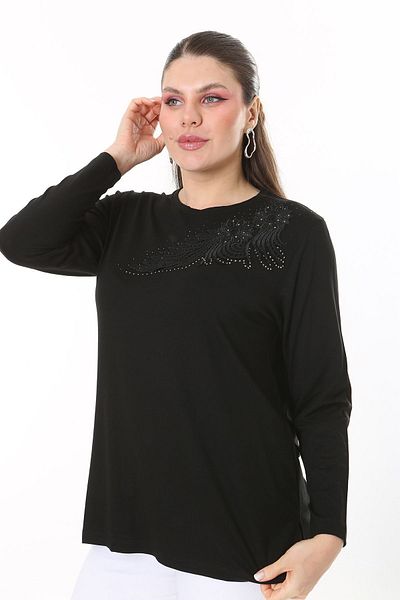 Şans Women's Plus Size Black Applique Lace and Stone Detailed Long Sleeve Blouse 65N37688