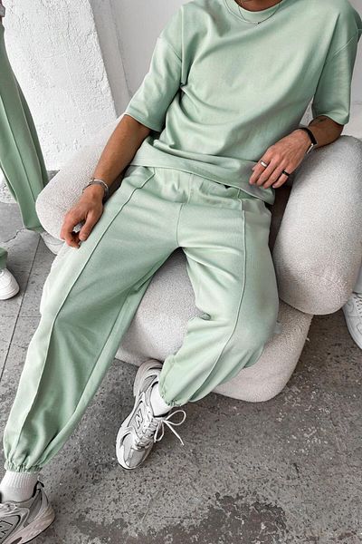 HAFKAGİYİM Mint Green Cozy Premium Σχεδιασμένη Φούτερ με λαστιχένια πόδια