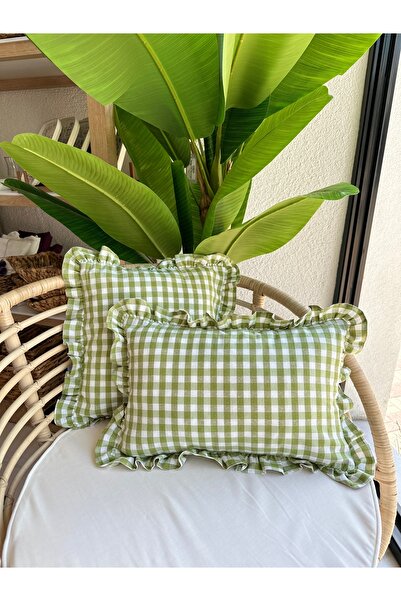 Decamor home Vintage Frilly Gingham Linen Light Green Throw Pillow Cover Bohemian Throw Pillow Cover 1 Pc
