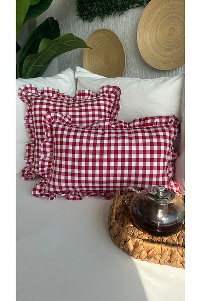 Decamor home Vintage Frilly Gingham Linen Red Throw Pillow Case Checkered Bohemian Throw Pillow Case 1 Pc