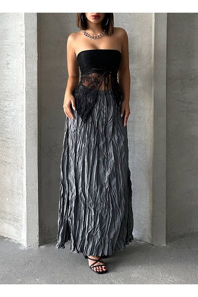 İLKCET MODA Kraşlı Gray Maxi Size Women's Skirt