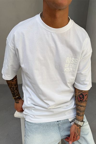 MADZEYMODA Ανδρικό μπλουζάκι Oversize Fit 100% Cotton Crew με στάμπα λευκό T-shirt Mz3002