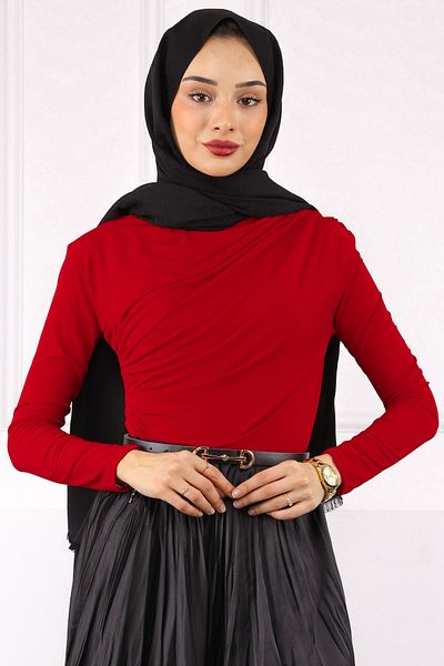 İmajButik بلوزة ساندي ذات الياقة المدورة الحمراء