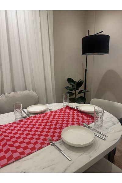 Karam Home Red Pink Checkered Tasseled 43X135 cm Runner