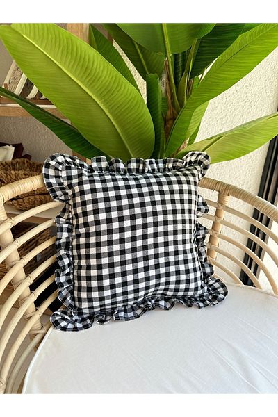 Decamor home Husă de pernă neagră din in, cu volane, vintage, husă de pernă boemă 1 buc