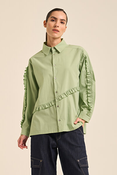 Ceremony Cotton Button Short Shirt with Sleeves and Ruffle Detail Front 5158 Green