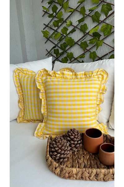 Decamor home Vintage Frilly Gingham Linen Yellow Throw Pillow Cover Bohemian Throw Pillow Cover 1 Pc