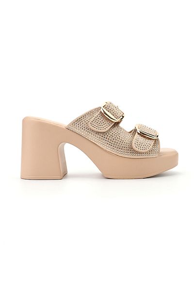 Tmall Women's Casual Slippers, Thick Heel, Sp114, Dark Beige