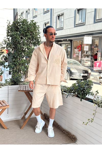 manch collection Floral Embroidered Crinkle Linen Shorts Shirt Suit Cream