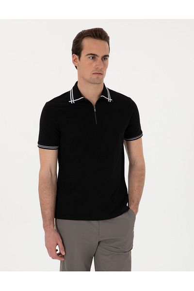 Pierre Cardin Μπλουζάκι από 100% βαμβάκι με λεπτή εφαρμογή με φερμουάρ με λεπτομέρεια γιακά Pierre