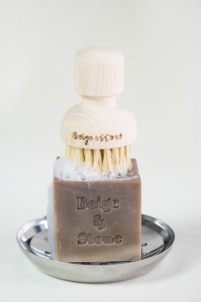 Beige & Stone Natural Kitchen Set 3-Piece Sandalwood Oiled Solid Dish Soap 200 Gr & Steel Soap Dish & Brush