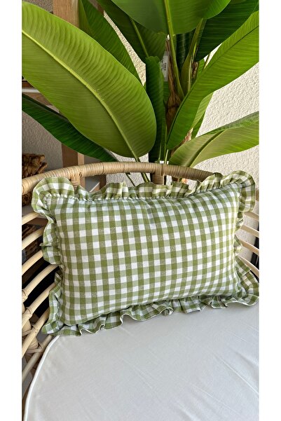 Decamor home Vintage Ruffled Gingham Linen Light Green Throw Pillow Cover Boh...