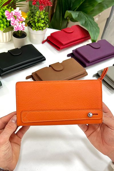 CüzCan Zurich Unisex Orange Genuine Leather Hand Portfolio with Phone Compartment
