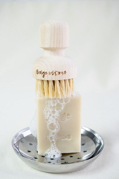 Beige & Stone Natural Kitchen Set 3 Pack Olive Oil Solid Dish Soap 100 Gr & Steel Soap Dish & Brush