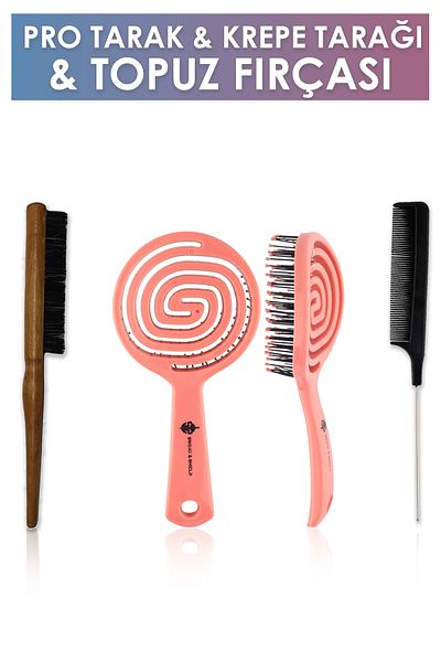 Sword & Shield Comb Set - Pink Pro Comb, Bun Brush and Metal Crepe Comb