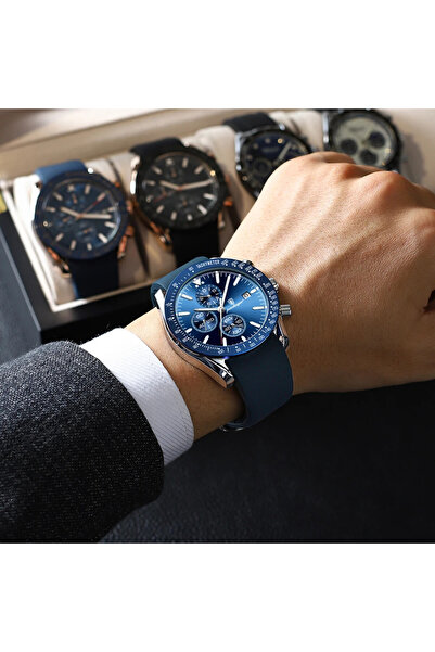 POEDAGAR Ανδρικό ρολόι Poedagar, λουράκι σιλικόνης, μπλε-ασημί, μπλε καντράν