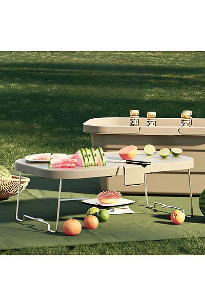 Herum Folding camping table set, folding basket with lid, for picnic, Beige, 2 pieces