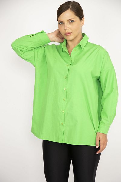 Şans Women's Large Size Green Front Buttoned Long Sleeve Shirt 65N36800