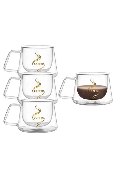Herum Set 4 cani de cafea cu pereti dubli, 200 ml, rezistente la caldura, imprimeu CAFEA