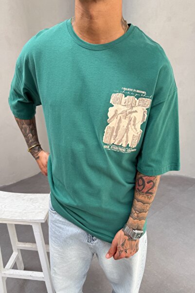 MADZEYMODA Ανδρικό μπλουζάκι Oversize Fit 100% βαμβακερό με λαιμόκοψη με στάμπα πράσινο Mz3016