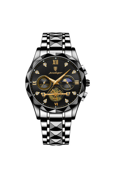 POEDAGAR Ανδρικό Ρολόι Cs1687, Ανοξείδωτο Ατσάλι, Μαύρο, Μαύρο Καντράν