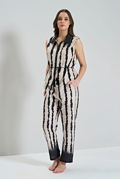 Feyza Pijama Kadın Siyah Çizgili Desenli Gömlek Pantolon Takım