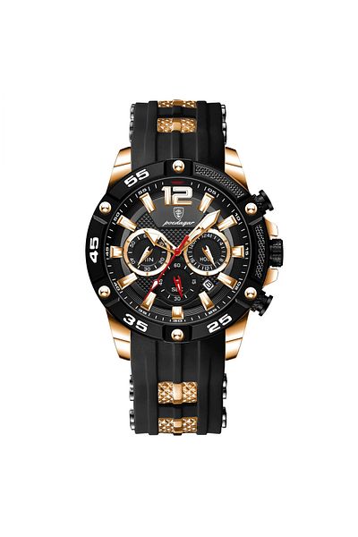 POEDAGAR Men's Watch Cs1491, Silicone Strap, Black-Gold, Black Dial