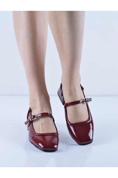 Şanslı Ayakkabıcılık Burgundy Patent Leather Ankle Strap Heeled Ballerinas