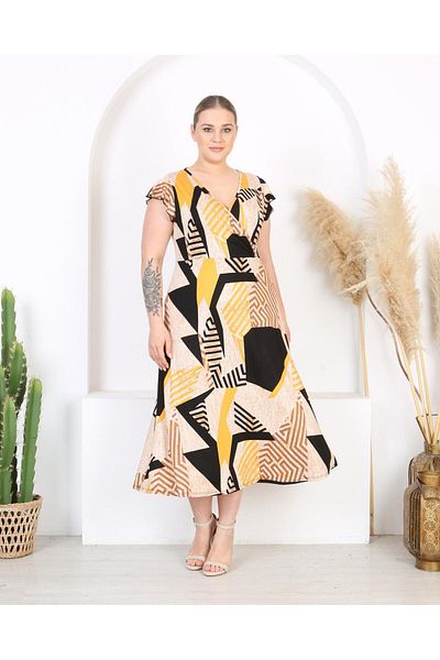 Butik Nilyam Women Plus Size Ruffle Sleeve Double Breasted Collar Maxi Dress 24741
