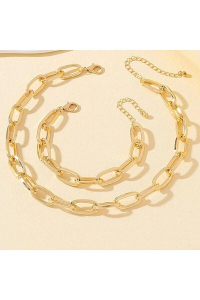 Choice sku2 2 PCS Set Gold Color Link Chain Necklace Bracelet Set Punk Bracelet Big Link Chain Dubai Africa