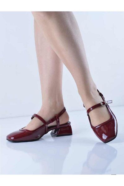 Şanslı Ayakkabıcılık Burgundy Patent Leather Ankle Strap Heeled Ballerinas