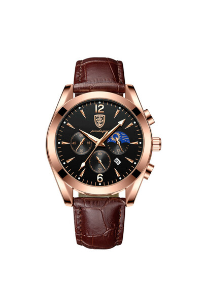 POEDAGAR Ανδρικό Ρολόι Cs1306, Δερμάτινο Λουρί, Καφέ, Μαύρο Καντράν