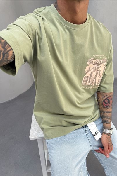 MADZEYMODA Ανδρικό μπλουζάκι Oversize Fit 100% βαμβακερό με λαιμόκοψη με στάμπα χακί Mz3016