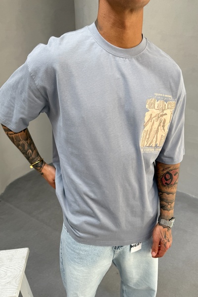 MADZEYMODA Ανδρικό μπλουζάκι Oversize Fit 100% βαμβακερό με λαιμόκοψη με στάμπα πέτρα γκρι Mz3016