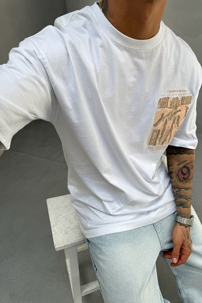 MADZEYMODA Ανδρικό μπλουζάκι Oversize Fit 100% Cotton Crew με στάμπα λευκό T-shirt Mz3016