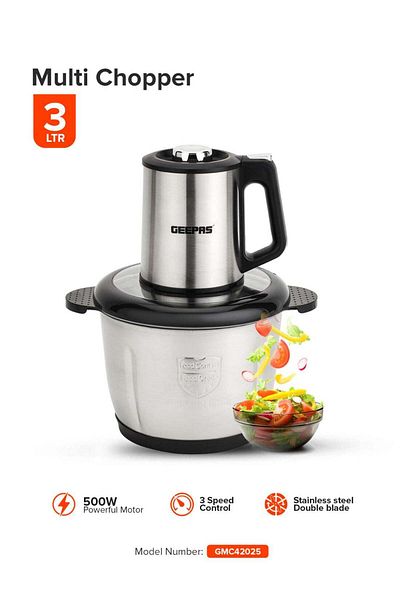 Geepas Multi-Functional Electric Food Chopper, Stainless Steel Double Blade, 3-Speed Control, Robust Stainl