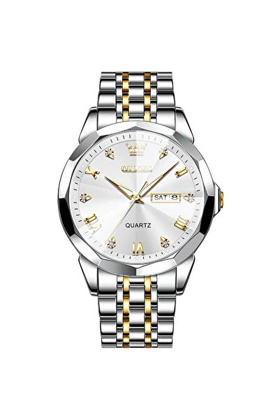 OLEVS Мъжки часовник, неръждаема стомана, сребристо-златист, бял циферблат