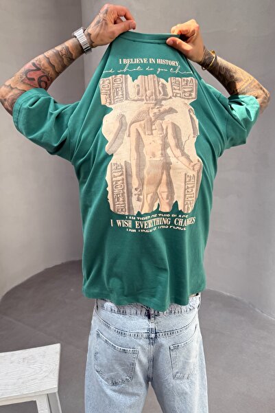 MADZEYMODA Ανδρικό μπλουζάκι Oversize Fit 100% βαμβακερό με λαιμόκοψη με στάμπα πράσινο Mz3016