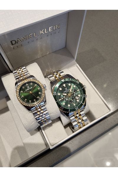 Daniel Klein Green Dial Dear Yellow Steel Bracelet Wrist Watch - Set of 2