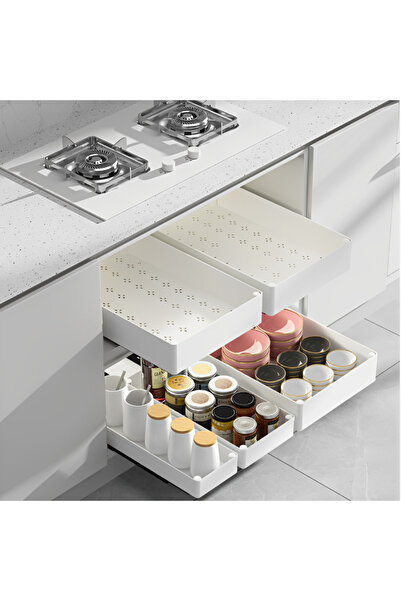 Herum Set 3 tavi din plastic, culisante, cu sina autoadeziva, Alb/Negru